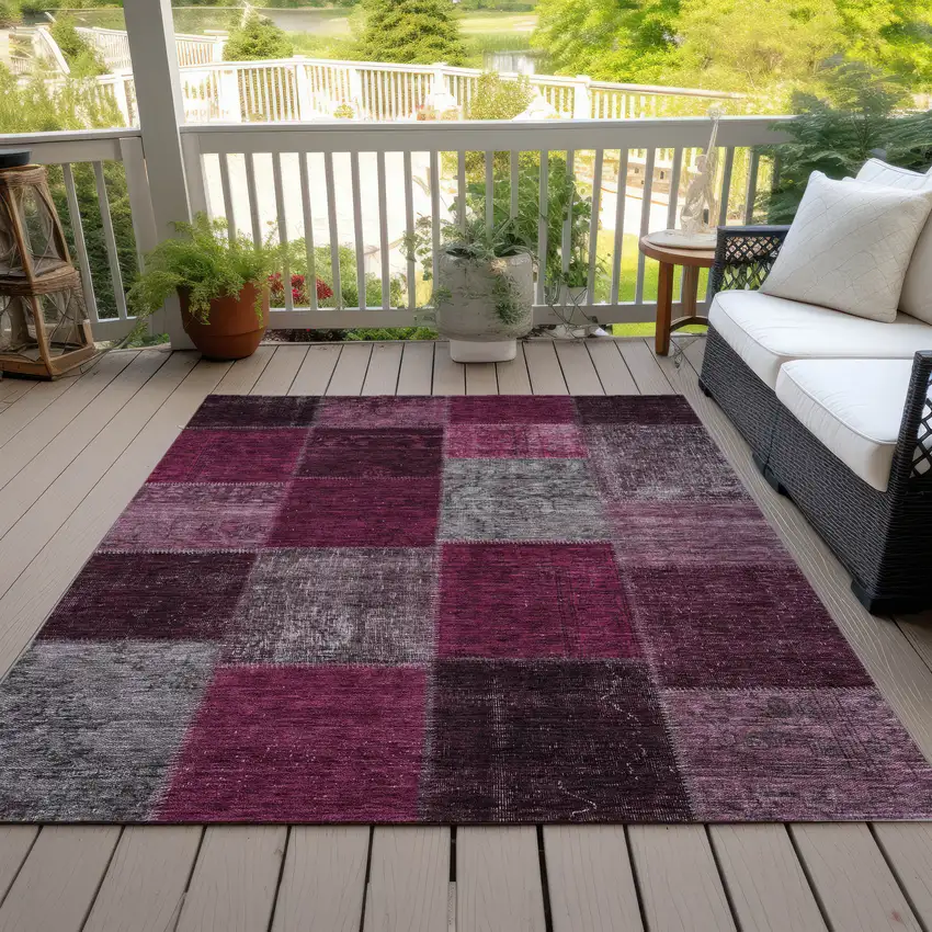 Merlot Burgundy And Gray Patchwork Washable Indoor Outdoor Area Rug Photo 7