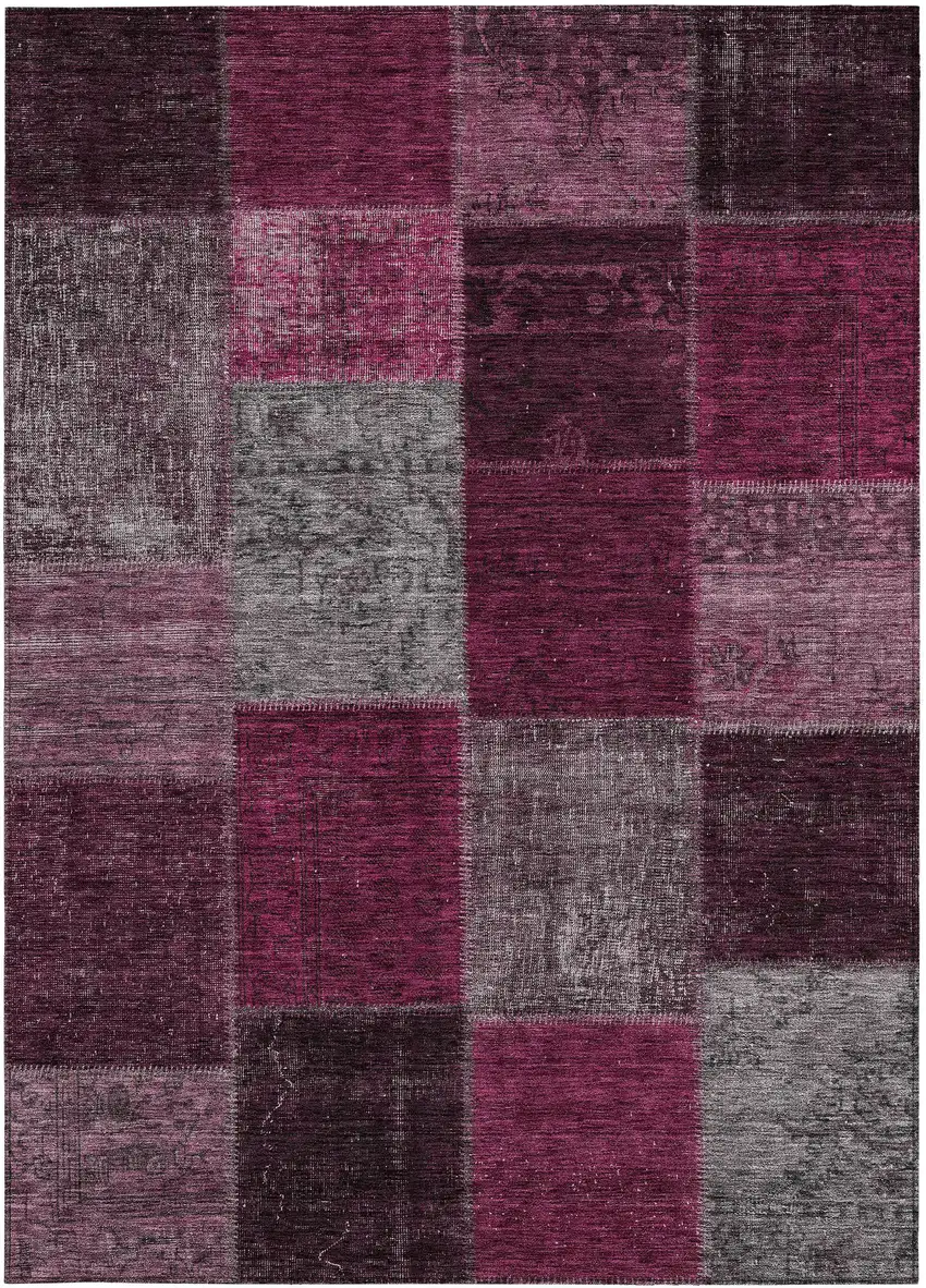 Merlot Burgundy And Gray Patchwork Washable Indoor Outdoor Area Rug Photo 6