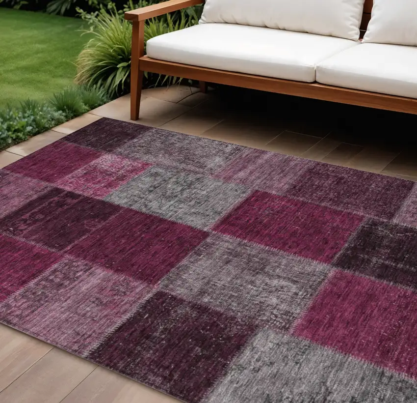 Merlot Burgundy And Gray Patchwork Washable Indoor Outdoor Area Rug Photo 1