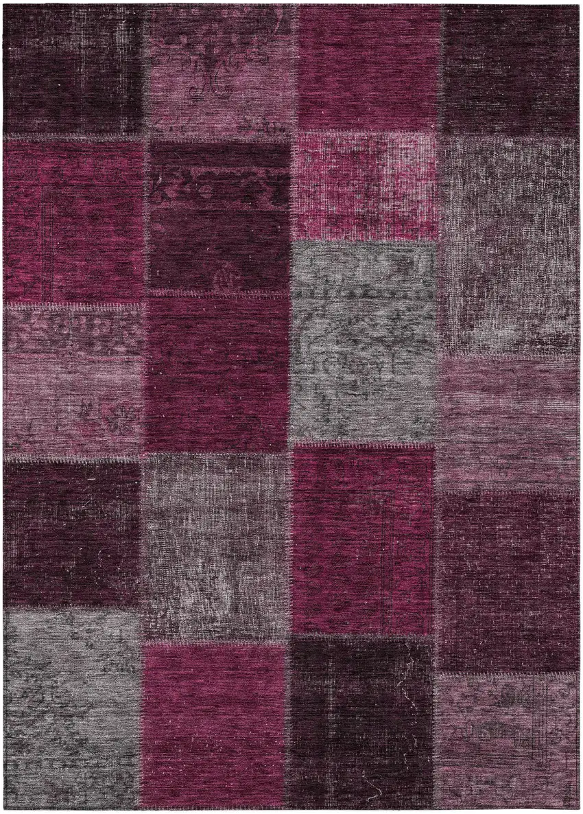 Merlot Burgundy And Gray Patchwork Washable Indoor Outdoor Area Rug Photo 2