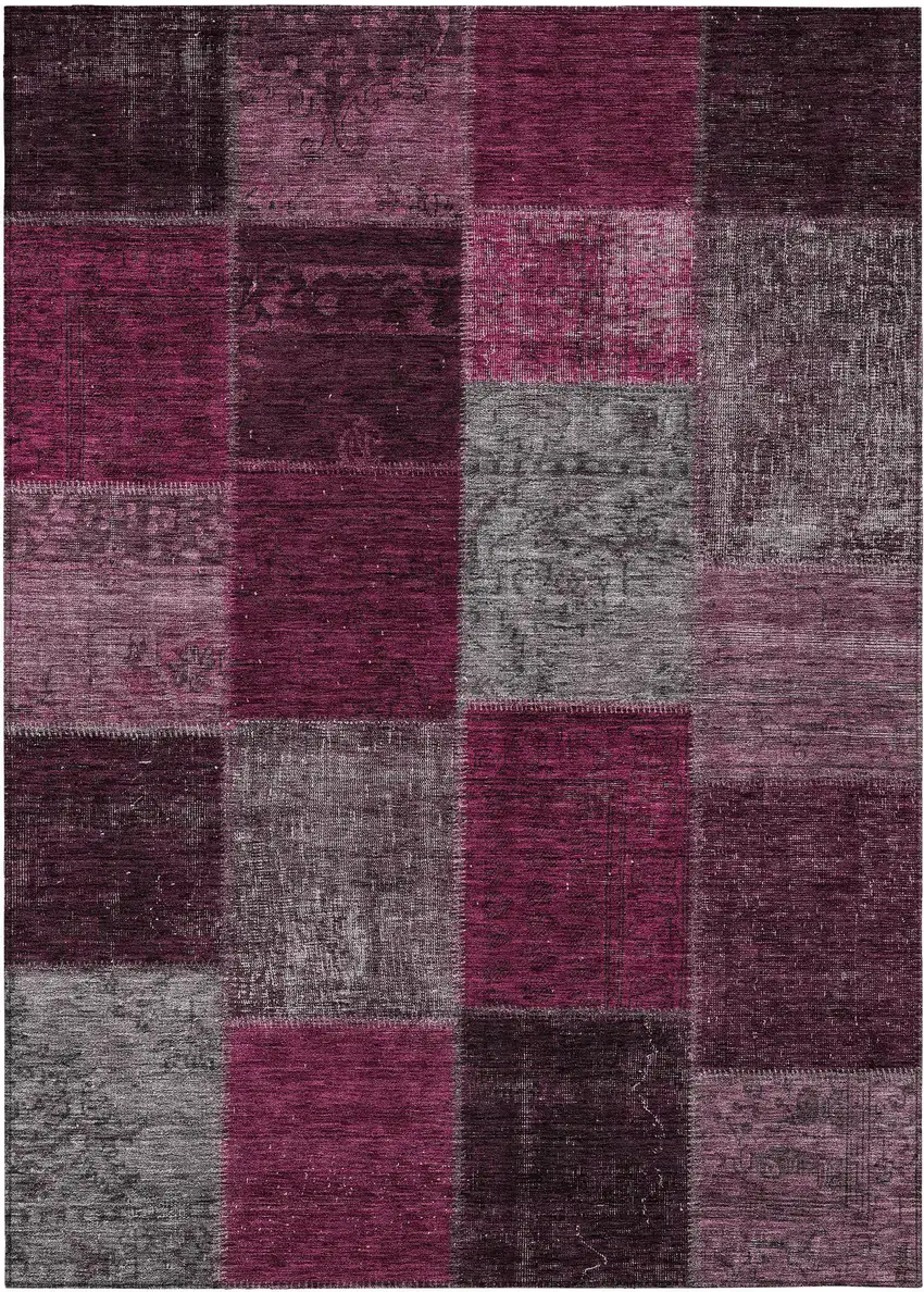 Merlot Burgundy And Gray Patchwork Washable Indoor Outdoor Area Rug Photo 2