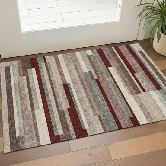 Merlot Gray And Beige Striped Washable Area Rug With UV Protection Photo 1
