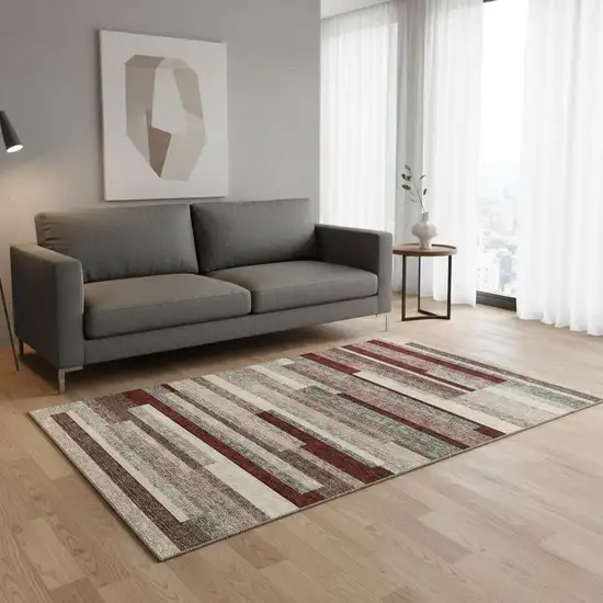 Merlot Gray And Beige Striped Washable Area Rug With UV Protection Photo 2