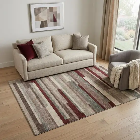 Merlot Gray And Beige Striped Washable Area Rug With UV Protection Photo 1