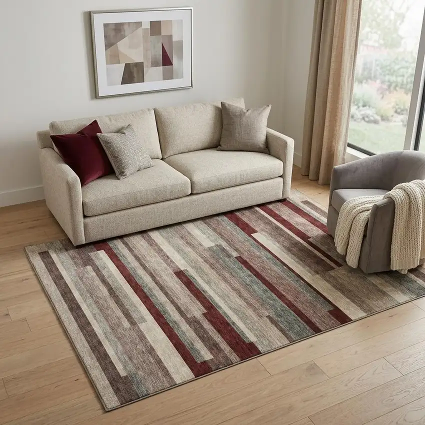 Merlot Gray And Beige Striped Washable Area Rug With UV Protection Photo 1