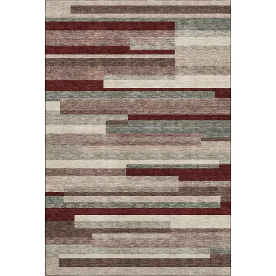 Merlot Gray And Beige Striped Washable Area Rug With UV Protection Photo 1