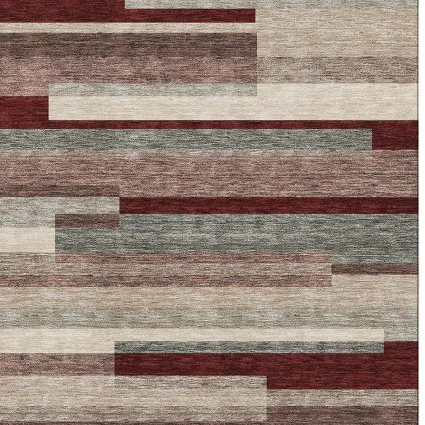 Merlot Gray And Beige Striped Washable Area Rug With UV Protection Photo 2