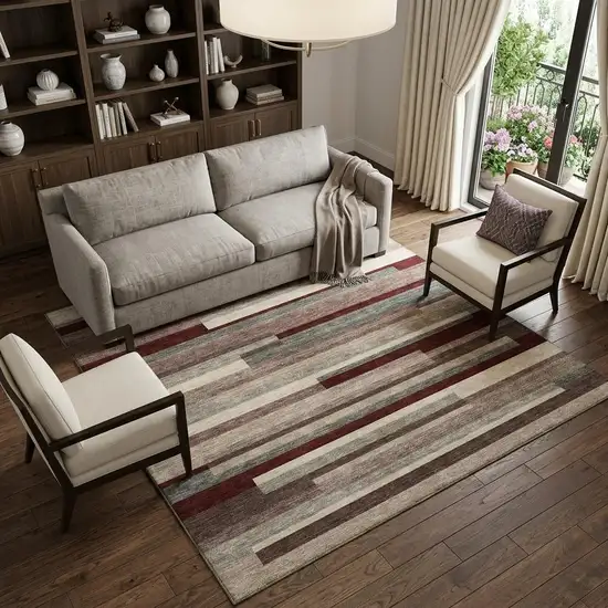 Merlot Gray And Beige Striped Washable Area Rug With UV Protection Photo 1