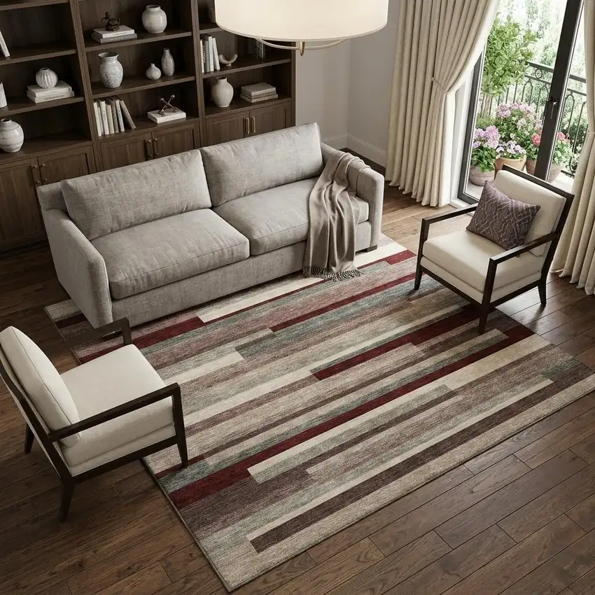 Merlot Gray And Beige Striped Washable Area Rug With UV Protection Photo 1