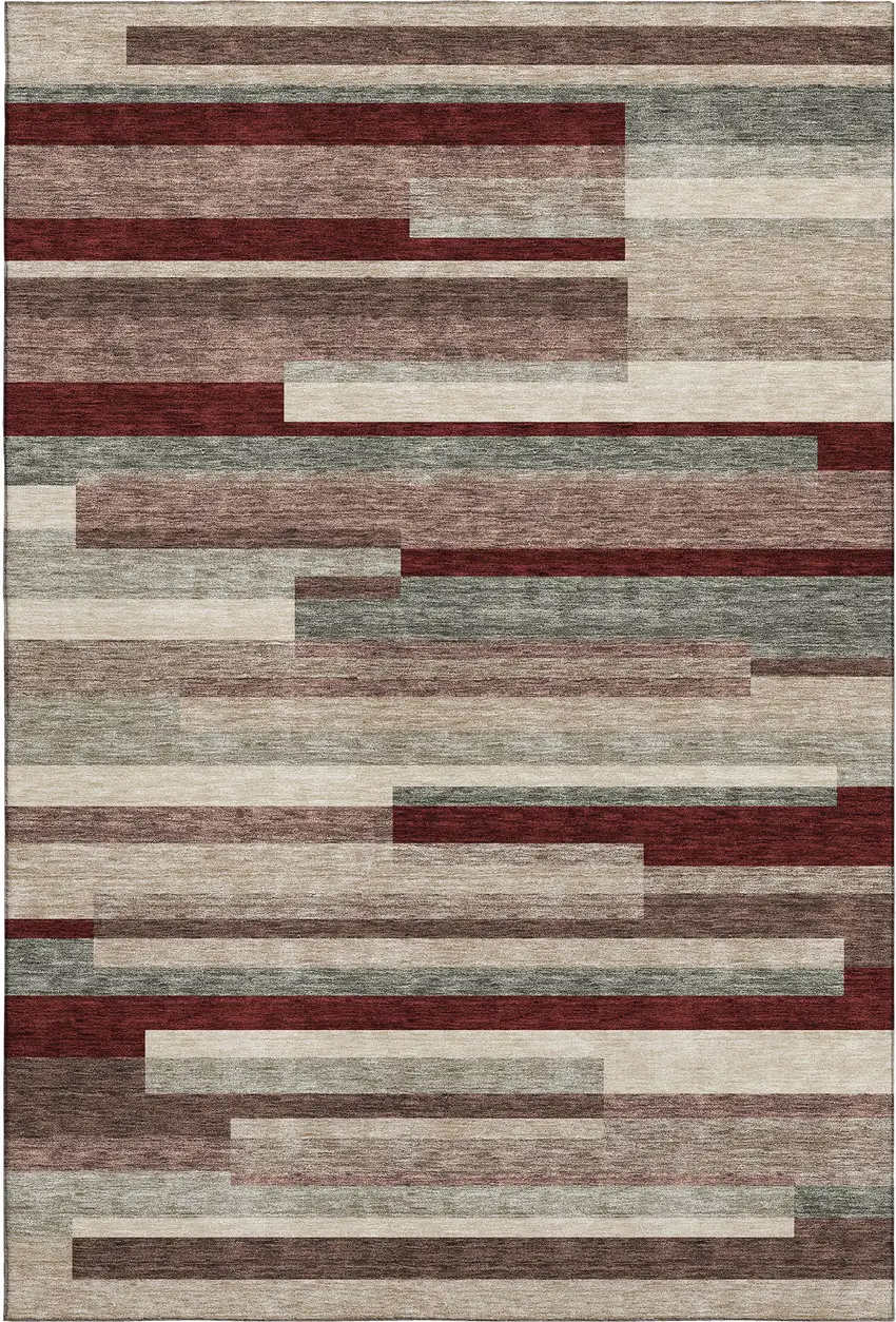 Merlot Gray And Beige Striped Washable Area Rug With UV Protection Photo 1