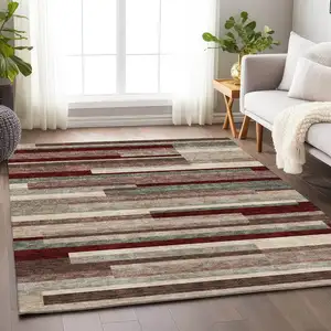 Photo of Merlot Gray And Beige Striped Washable Area Rug With UV Protection