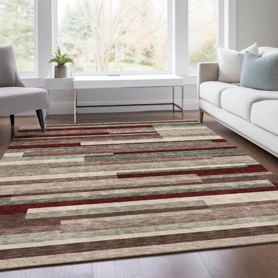 Merlot Gray And Beige Striped Washable Area Rug With UV Protection Photo 5