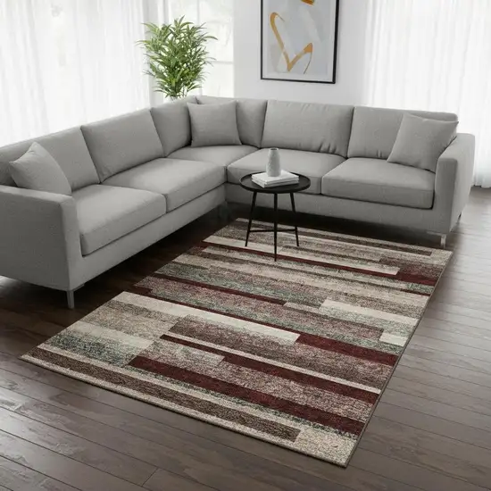 Merlot Gray And Beige Striped Washable Area Rug With UV Protection Photo 2