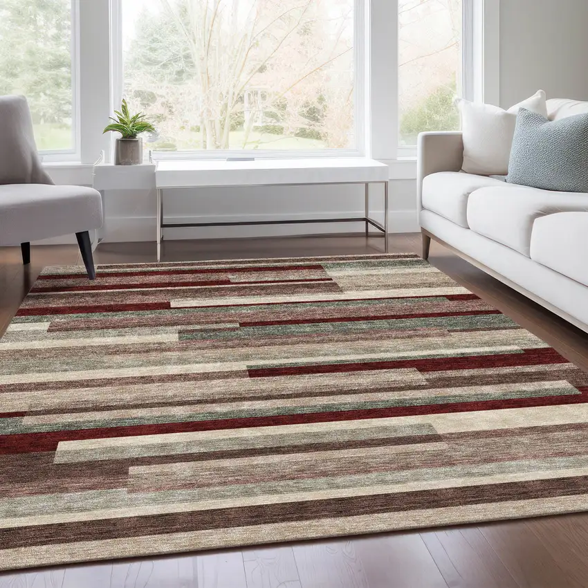 Merlot Gray And Beige Striped Washable Area Rug With UV Protection Photo 5
