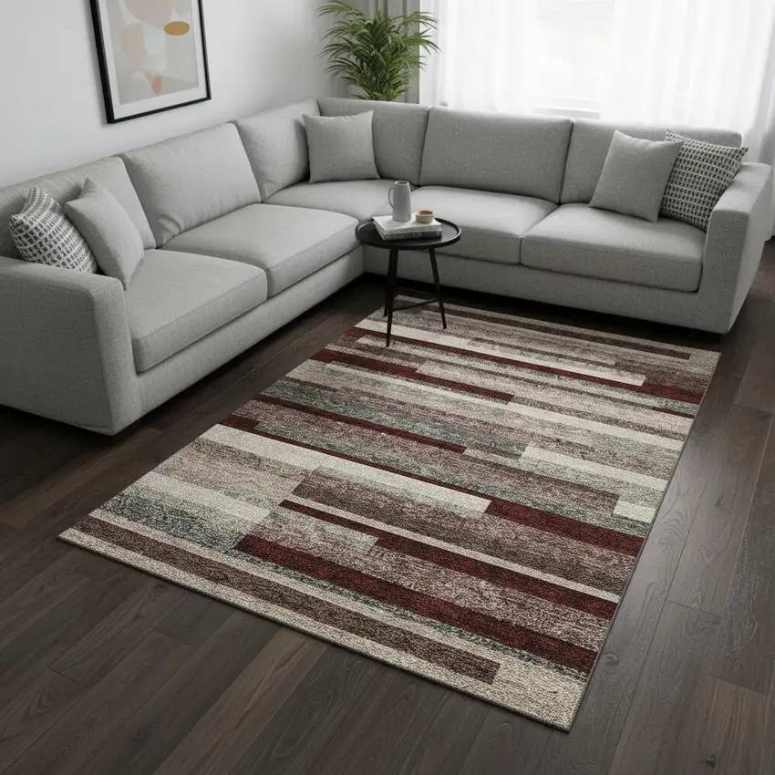 Merlot Gray And Beige Striped Washable Area Rug With UV Protection Photo 2