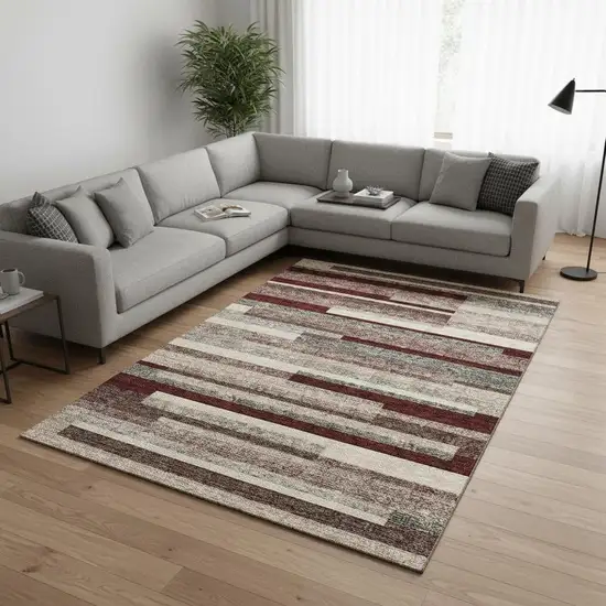 Merlot Gray And Beige Striped Washable Area Rug With UV Protection Photo 2