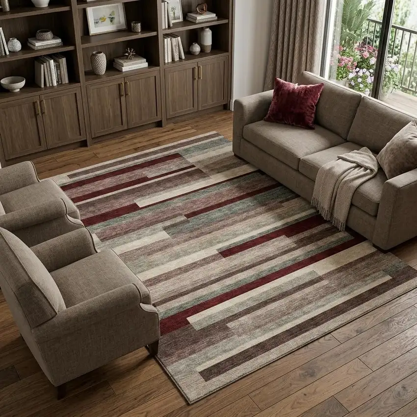 Merlot Gray And Beige Striped Washable Area Rug With UV Protection Photo 1