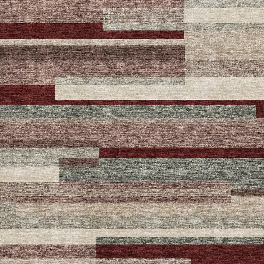 Merlot Gray And Beige Striped Washable Area Rug With UV Protection Photo 2