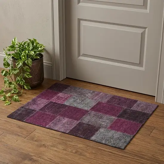 Merlot Gray And Burgundy Patchwork Washable Area Rug With UV Protection Photo 1