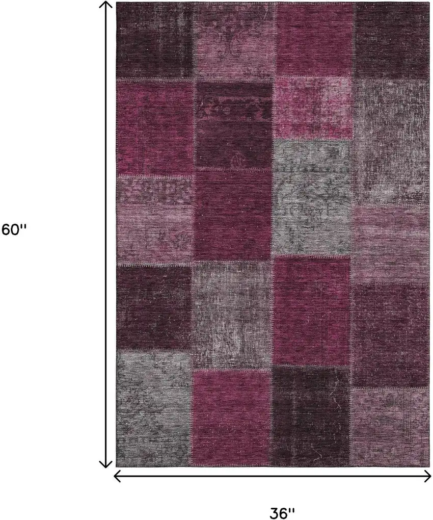 Merlot Gray And Burgundy Patchwork Washable Area Rug With UV Protection Photo 5