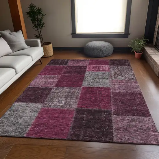 Merlot Gray And Burgundy Patchwork Washable Area Rug With UV Protection Photo 3
