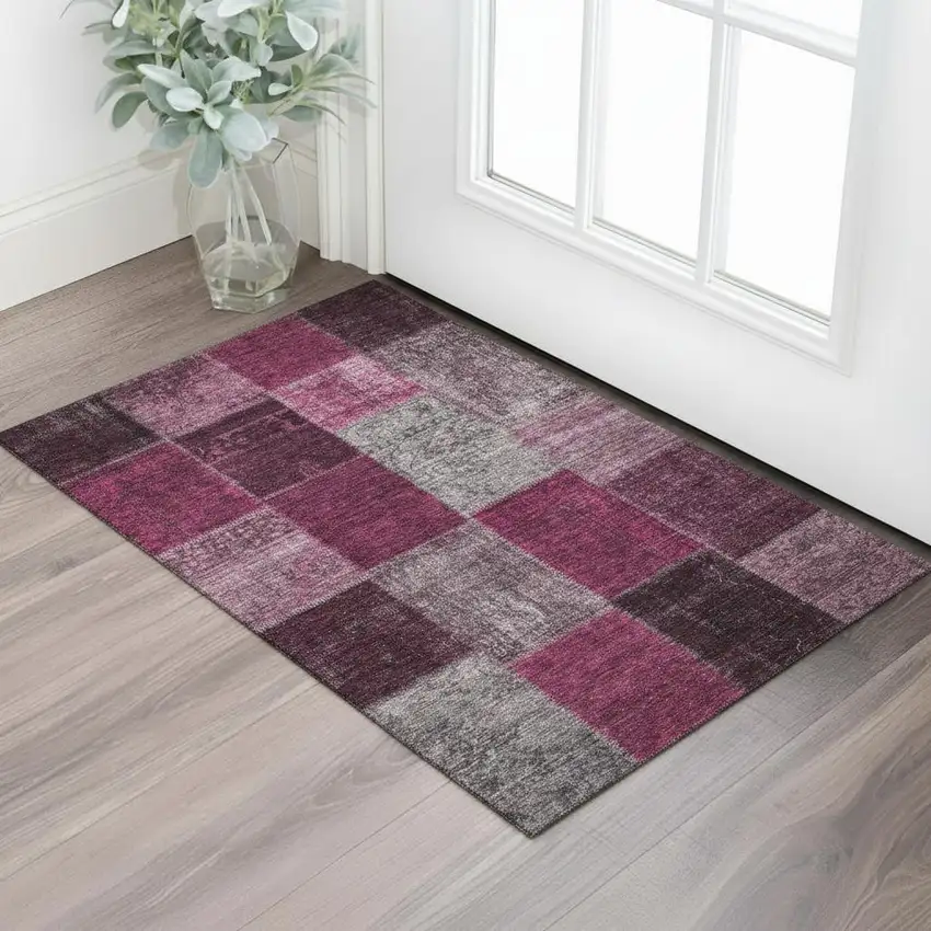 Merlot Gray And Burgundy Patchwork Washable Area Rug With UV Protection Photo 1