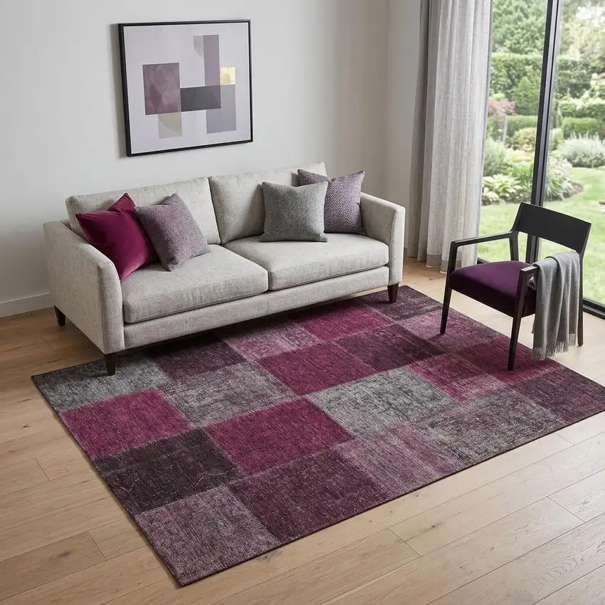 Merlot Gray And Burgundy Patchwork Washable Area Rug With UV Protection Photo 1