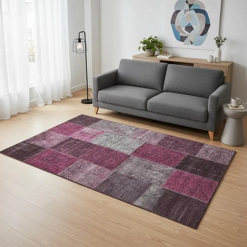 Merlot Gray And Burgundy Patchwork Washable Area Rug With UV Protection Photo 1