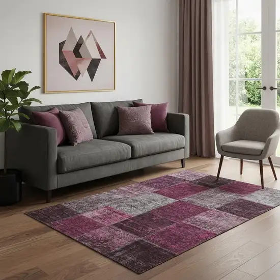 Merlot Gray And Burgundy Patchwork Washable Area Rug With UV Protection Photo 1