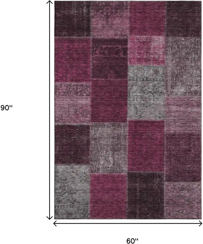Merlot Gray And Burgundy Patchwork Washable Area Rug With UV Protection Photo 3