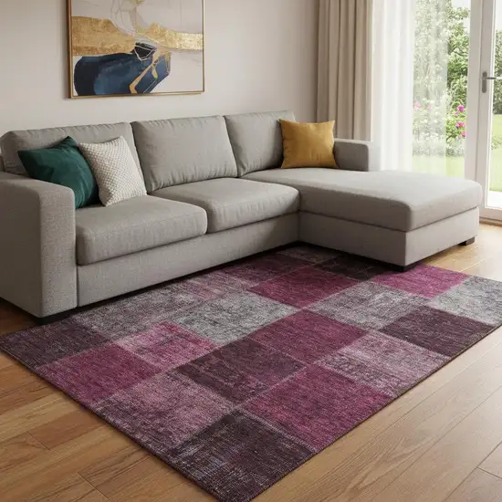 Merlot Gray And Burgundy Patchwork Washable Area Rug With UV Protection Photo 1