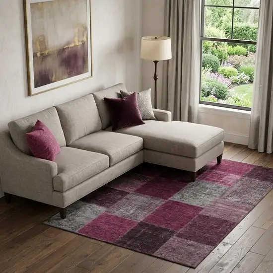 Merlot Gray And Burgundy Patchwork Washable Area Rug With UV Protection Photo 1