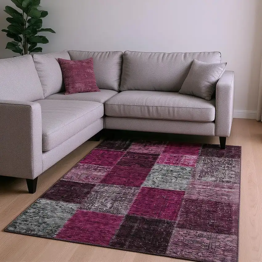 Merlot Gray And Burgundy Patchwork Washable Area Rug With UV Protection Photo 1