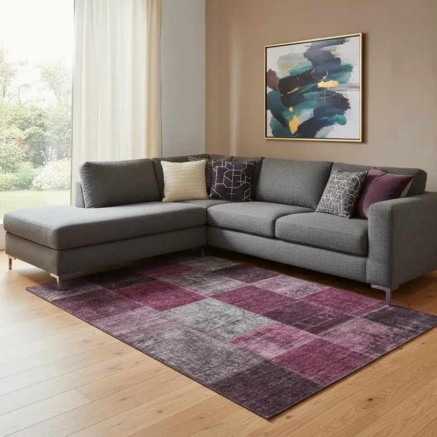 Merlot Gray And Burgundy Patchwork Washable Area Rug With UV Protection Photo 1