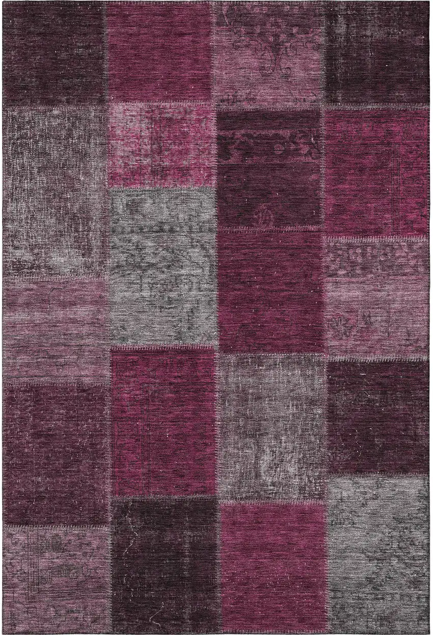 Merlot Gray And Burgundy Patchwork Washable Area Rug With UV Protection Photo 5