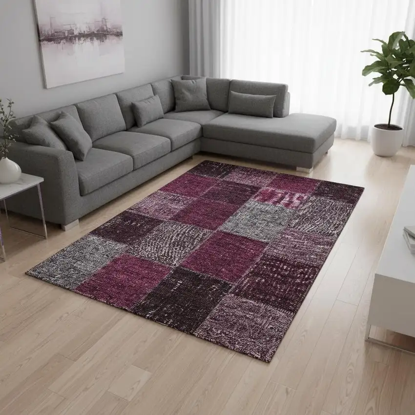 Merlot Gray And Burgundy Patchwork Washable Area Rug With UV Protection Photo 3