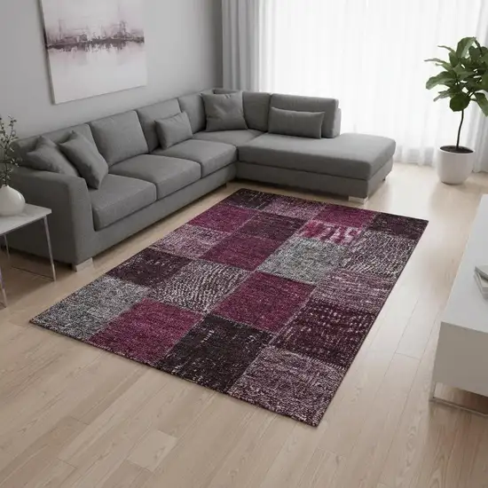 Merlot Gray And Burgundy Patchwork Washable Area Rug With UV Protection Photo 3