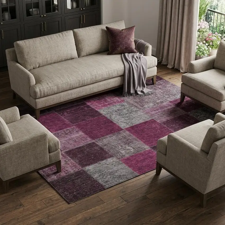 Merlot Gray And Burgundy Patchwork Washable Area Rug With UV Protection Photo 1