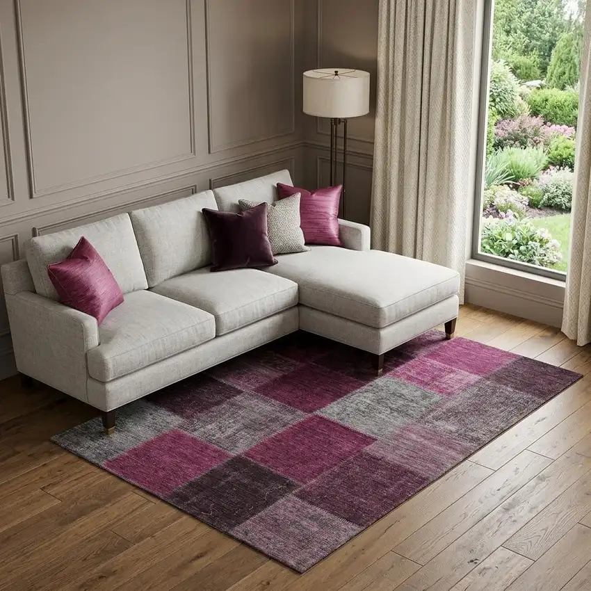 Merlot Gray And Burgundy Patchwork Washable Area Rug With UV Protection Photo 1