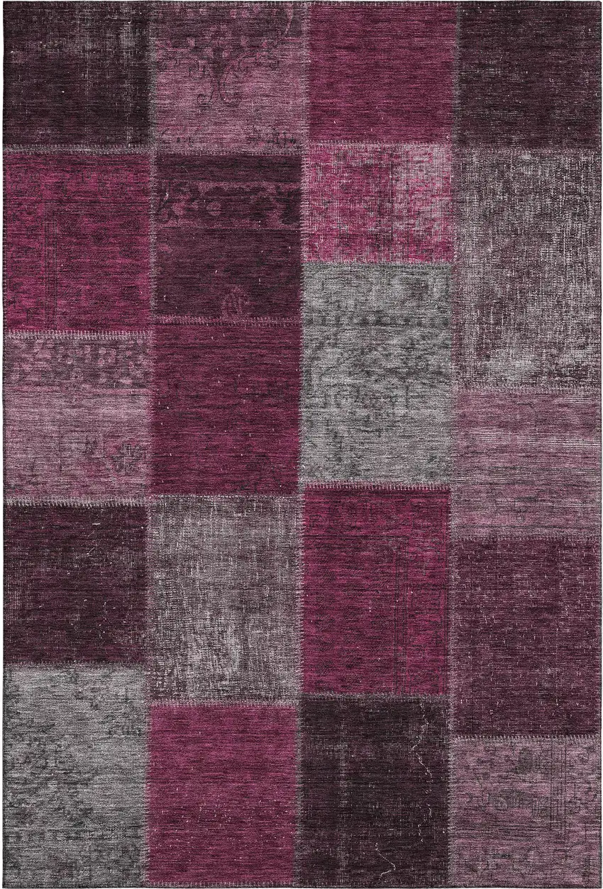Merlot Gray And Burgundy Patchwork Washable Area Rug With UV Protection Photo 2