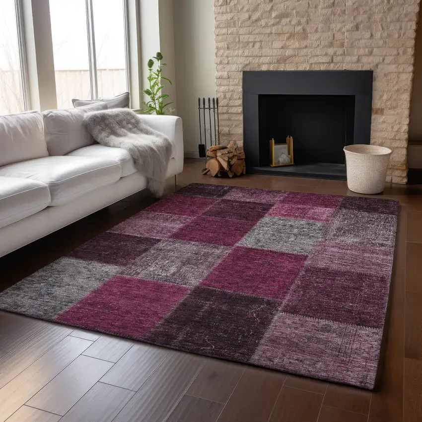Merlot Gray And Burgundy Patchwork Washable Area Rug With UV Protection Photo 4