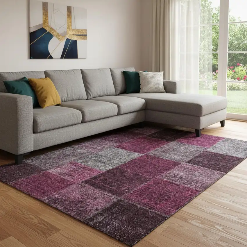 Merlot Gray And Burgundy Patchwork Washable Area Rug With UV Protection Photo 1