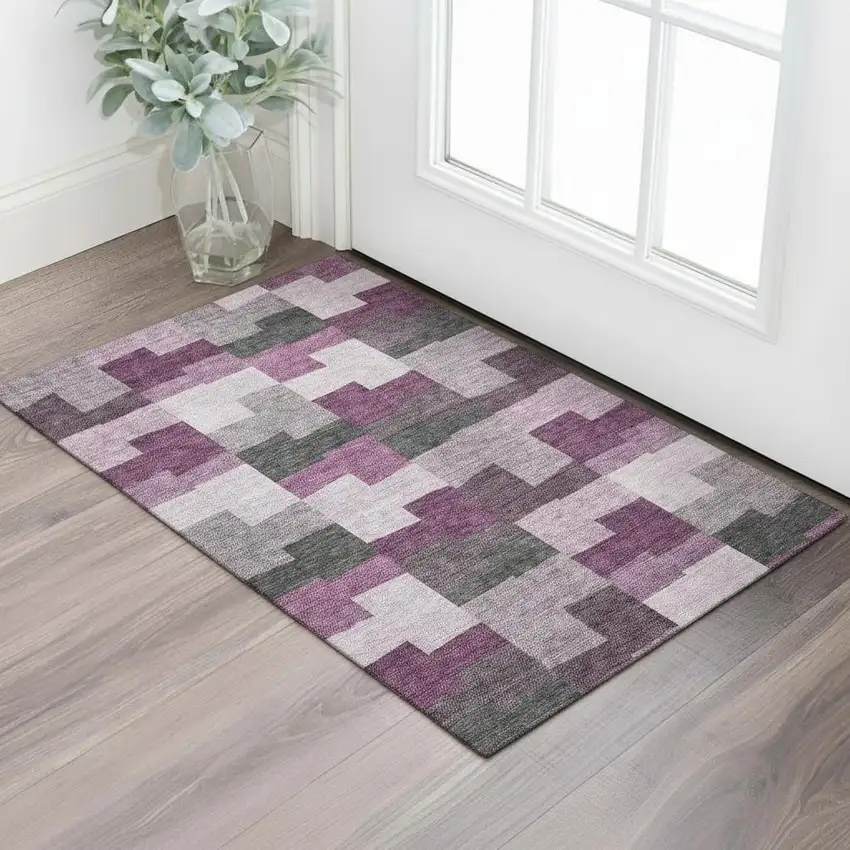 Merlot Gray And Ivory Geometric Washable Area Rug With UV Protection Photo 1