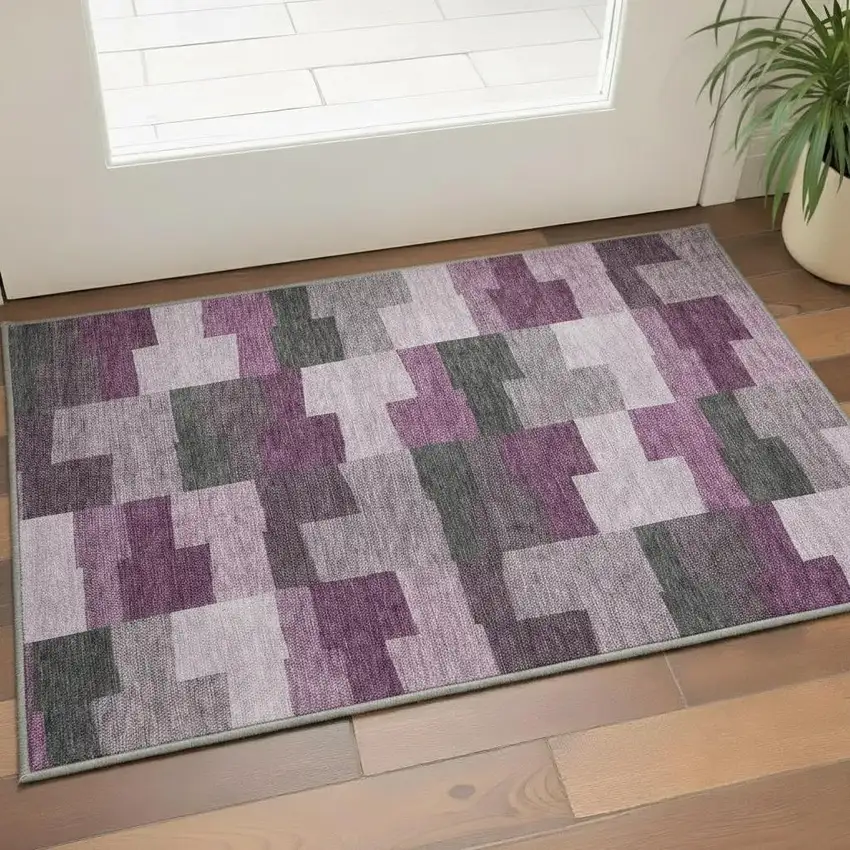 Merlot Gray And Ivory Geometric Washable Area Rug With UV Protection Photo 3