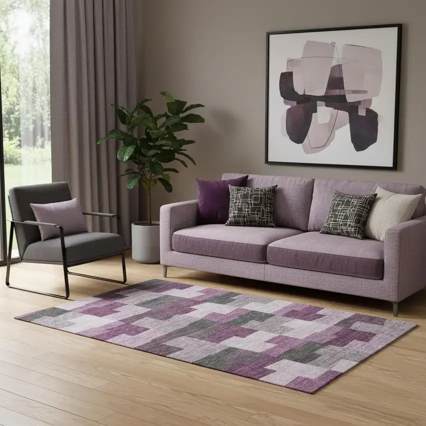 Merlot Gray And Ivory Geometric Washable Area Rug With UV Protection Photo 1