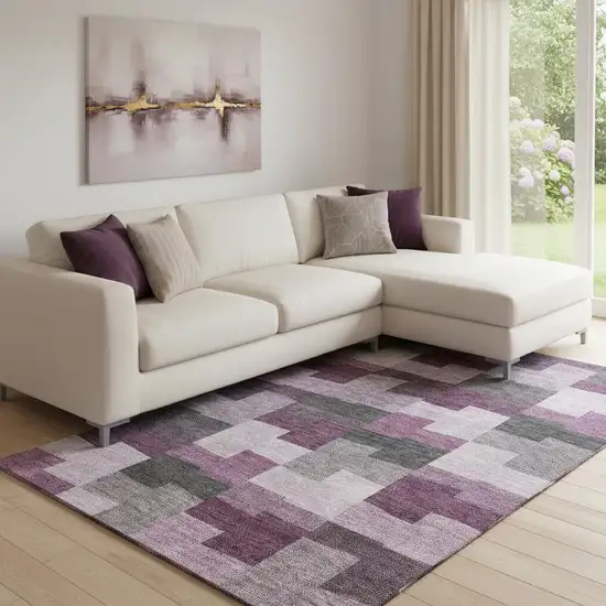 Merlot Gray And Ivory Geometric Washable Area Rug With UV Protection Photo 1