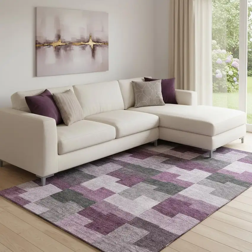 Merlot Gray And Ivory Geometric Washable Area Rug With UV Protection Photo 1