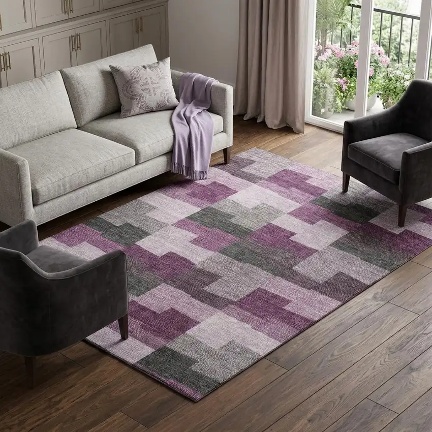 Merlot Gray And Ivory Geometric Washable Area Rug With UV Protection Photo 1