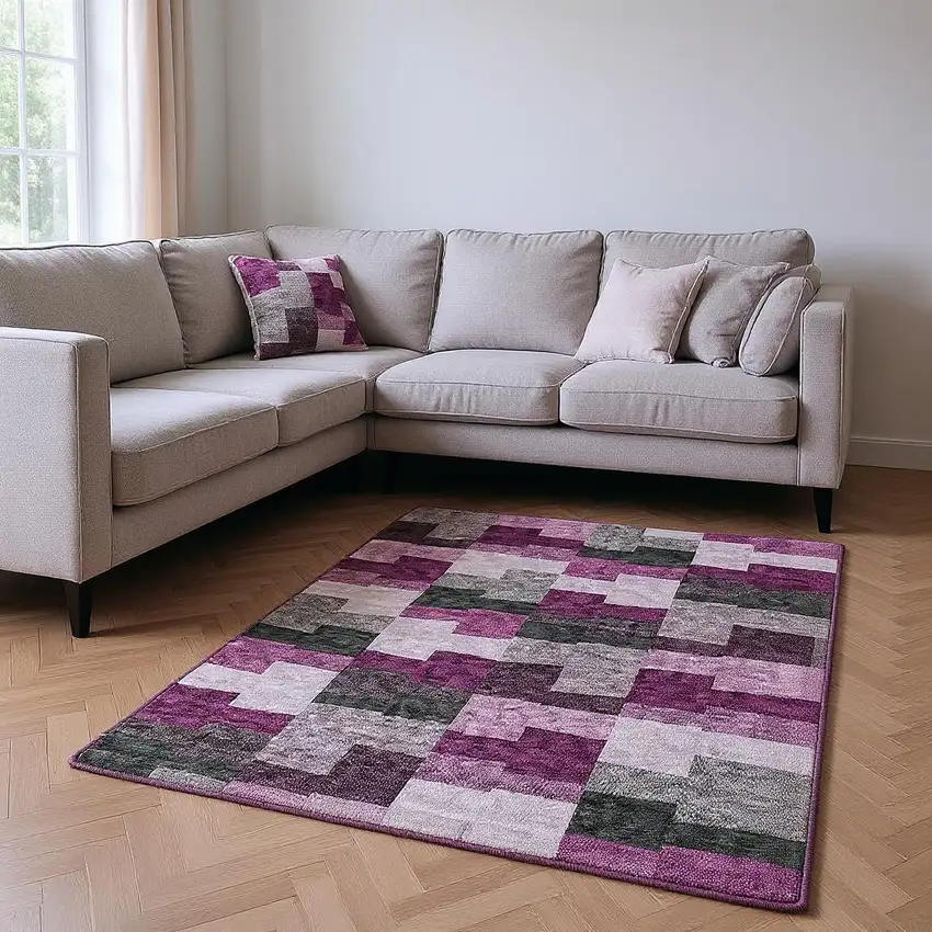 Merlot Gray And Ivory Geometric Washable Area Rug With UV Protection Photo 1