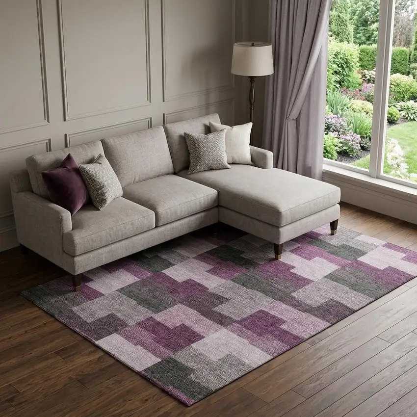 Merlot Gray And Ivory Geometric Washable Area Rug With UV Protection Photo 1